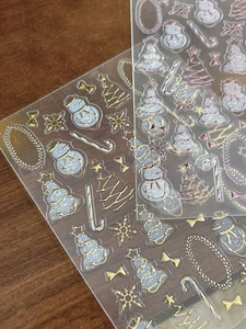 Detail of Christmas nail stickers with gold and pink embossed snowmen and trees