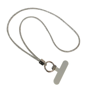 Luxurious silver rhinestone phone lanyard with neck strap and secure attachment tab