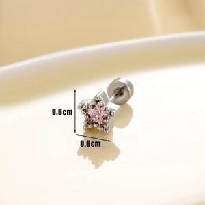 Stern Ohrstecker in Silber mit rosa Zirkonia und flacher Rückseite, Größe 0,6 cm