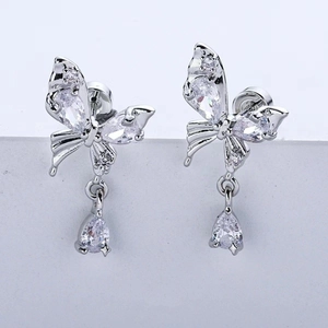 Elegant silver butterfly earrings with sparkling cubic zirconia and teardrop pendants