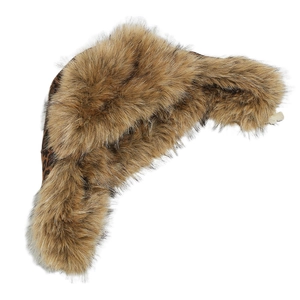 Detail of leopard print faux fur trapper hat featuring soft plush lining and buckle strap
