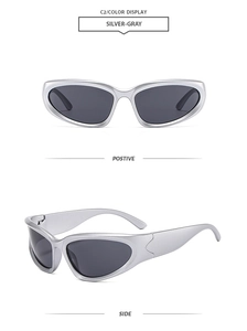 Silver-gray wraparound sports sunglasses with dark gray lenses in front and side view