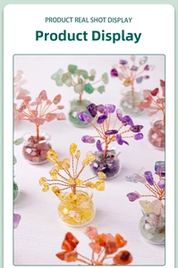 Flat lay view of assorted natural crystal trees with wire trunks and glass bottle bases