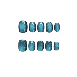 Short square magnetic cat eye press-on nails in deep peacock blue iridescent finish