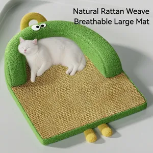 Cartoon monster pet cooling mat with natural rattan weave and green plush border