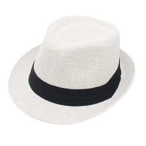 White woven fedora hat with a wide black ribbon band, stylish jazz style for summer wear