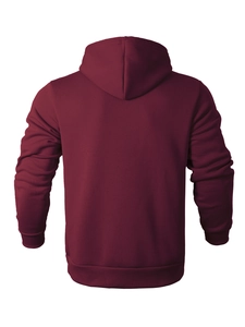 Back view of a deep wine red hooded sweatshirt with ribbed cuffs and a clean knit texture