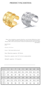 Detailed size chart for the 925 sterling silver leaf ring showing diameters and circumferences