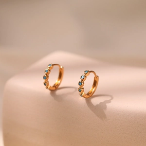 Retro 18K gold plated brass hoop earrings with inlaid turquoise for a vintage look