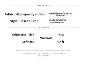 Detailed size chart and specifications for the cotton baseball cap showing adjustable fit