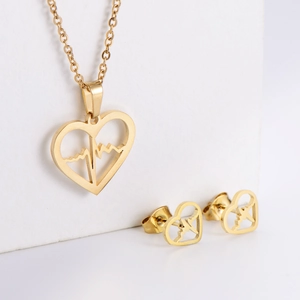 Collier Et Boucles D'Oreilles Puces Cœur ECG Battement De Cœur Acier Inoxydable 316 Plaqué Or 18K Bijoux Polis Pour Femmes