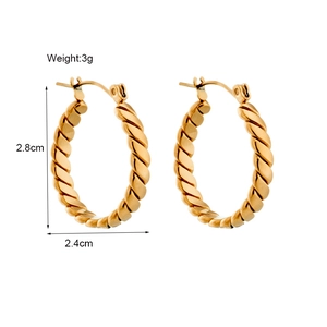 Gold twist rope hoop earrings, 2.8cm high by 2.4cm wide, polished stainless steel finish