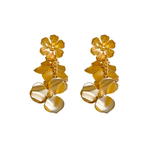 Elegant gold-tone tiered flower dangle earrings with realistic curved petal design
