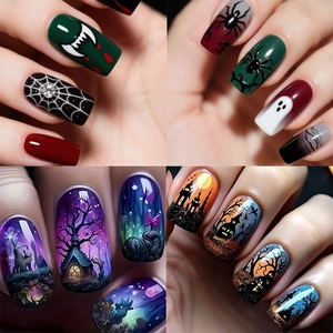 Halloween Press On Nails Medium Square ABS Artificial Fingernails Pumpkin Bat Spider Web Gothic Dark Style For Women
