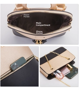 Detail view of two-tone champagne gold and black backpack interior with functional pockets