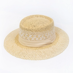 Close-up of hollow woven straw texture and premium satin ribbon on this summer sun hat