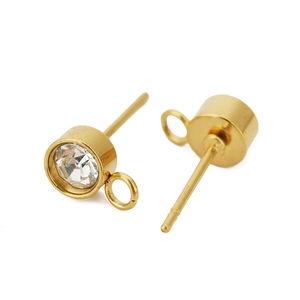 Puce d'oreille en acier doré avec zircon blanc et petit anneau de suspension