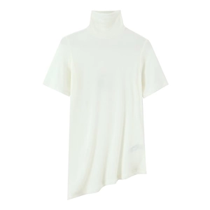 Chic white high neck short sleeve T-shirt featuring an asymmetric irregular hem design