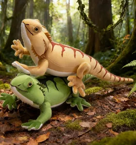Detailed close-up of lifelike plush bearded dragon toys in green and tan textures