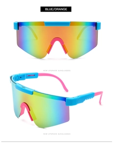 Detail view of blue cycling sunglasses with pink temples and colorful gradient mirror lenses