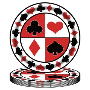 Close-up of disposable poker themed paper plates with card suit patterns for casino parties