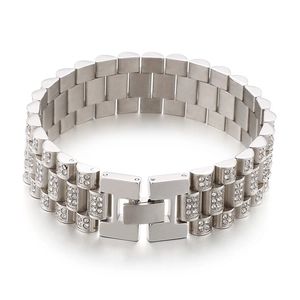 Hip hop silver watch band chain bracelet for men with sparkling zircon accents