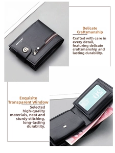 Close-up of black leather wallet showing a transparent ID window and card slots