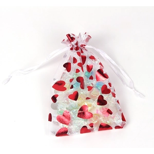White organza gift bag with shiny red heart pattern and drawstring for Valentines