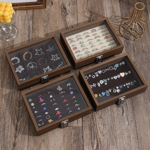 Walnut wood jewelry storage box set with glass lid and metal latch for rings and necklaces