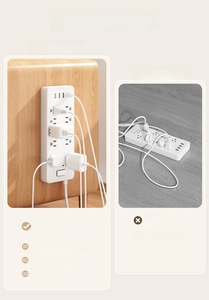 Visual comparison showing a tidy power strip wall organizer versus messy tangled cords