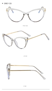 Three-view layout of grey cat-eye glasses frames with metallic legs on white background