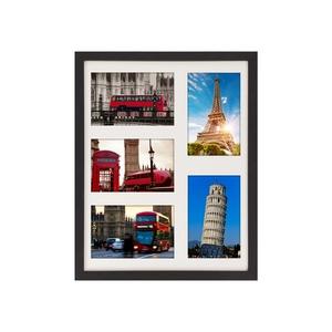 Detail of 5-opening black collage picture frame with white mat for wall and tabletop display