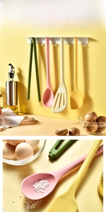 Detail view of 5-piece magnetic silicone kitchen utensil set in macaron colors