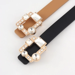 Slim PU leather waist belt with rhinestones and square buckle for women's dresses