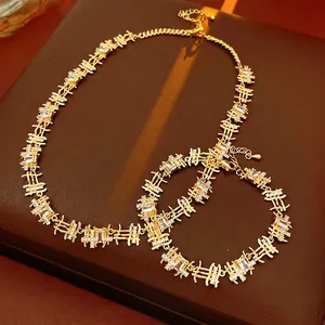 Collier Et Bracelet Carrés En Cuivre Et Zircon Bijoux De Luxe Géométriques Incrustés Pour Femmes Élégants