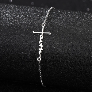Stainless steel silver bracelet featuring a faith script and cross pendant design