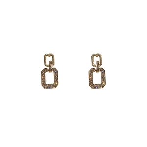 Golden geometric square earrings with sparkling rhinestones in a modern minimalist style