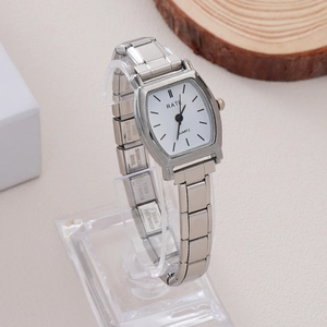 Elegant silver square quartz watch for women with rhinestones and metal link strap