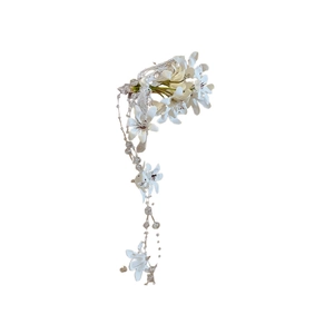 Elegant white fabric flower hair clip with lace and long pearl tassel bear pendant