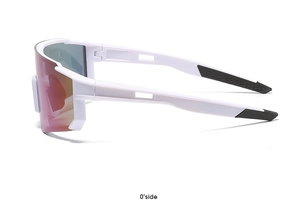 Side view of white cycling sunglasses with red-orange lens and anti-slip rubber temple tips