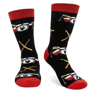Rock music themed black and red crew socks with drum set patterns and Rock On gesture