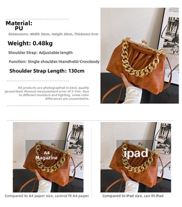 Detail view of brown pleated PU bag showing dimensions 30x20x9cm and adjustable 130cm strap