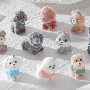 DIY flocked animal charms including teddy bear and dachshund dog with metal rings