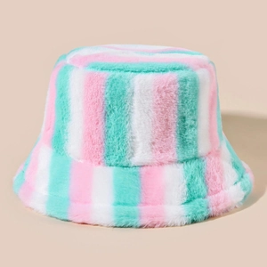 Fuzzy plush bucket hat in pink, mint green and white vertical stripes pattern
