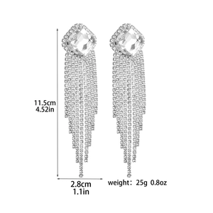 Luxurious long tassel earrings in silver with diamond-like crystal and size measurements