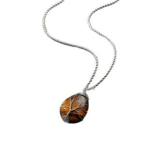 Collana con ciondolo Albero della Vita retrò in occhio di tigre avvolto e catena d'argento