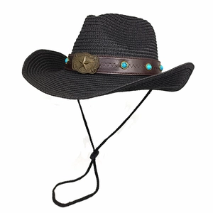 Chapeau de cowboy noir en paille avec perles turquoise et étoile pour protection solaire