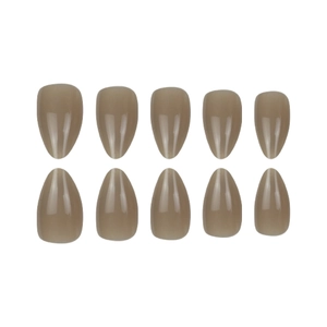 Glossy mocha brown press-on false nails in a sleek almond shape set on white background
