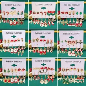 Detailed grid of Christmas themed earring sets with Santa Claus and Reindeer designs