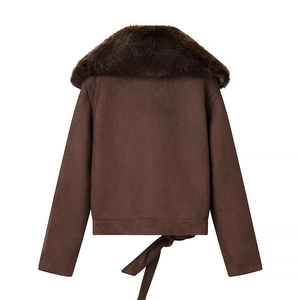 Back view of brown faux suede jacket featuring a plush fur collar and stylish back tie knot